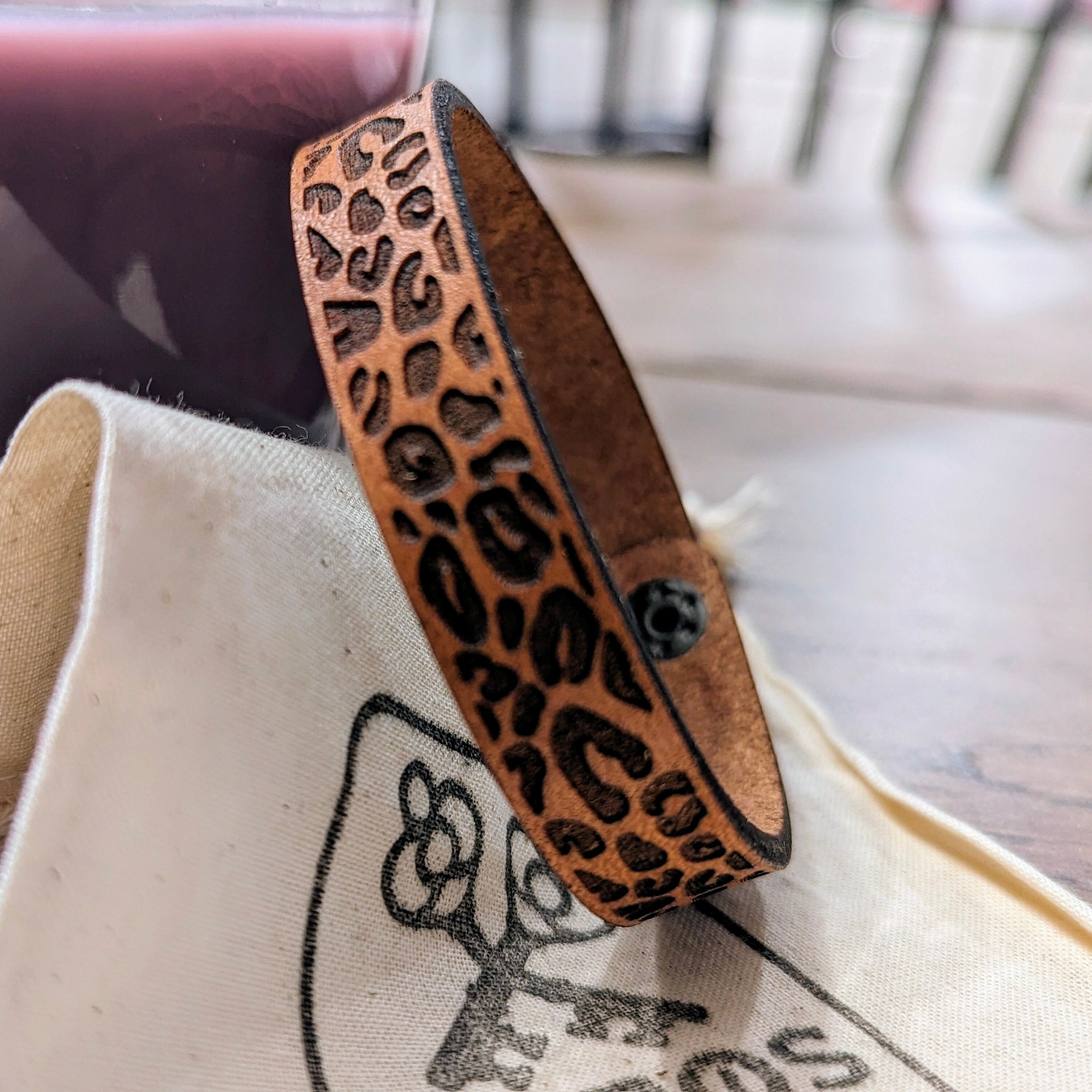 Slim Leather Cuff Bracelet: Engraved Floral Animal Print, Custom Length - Thumbnail 6