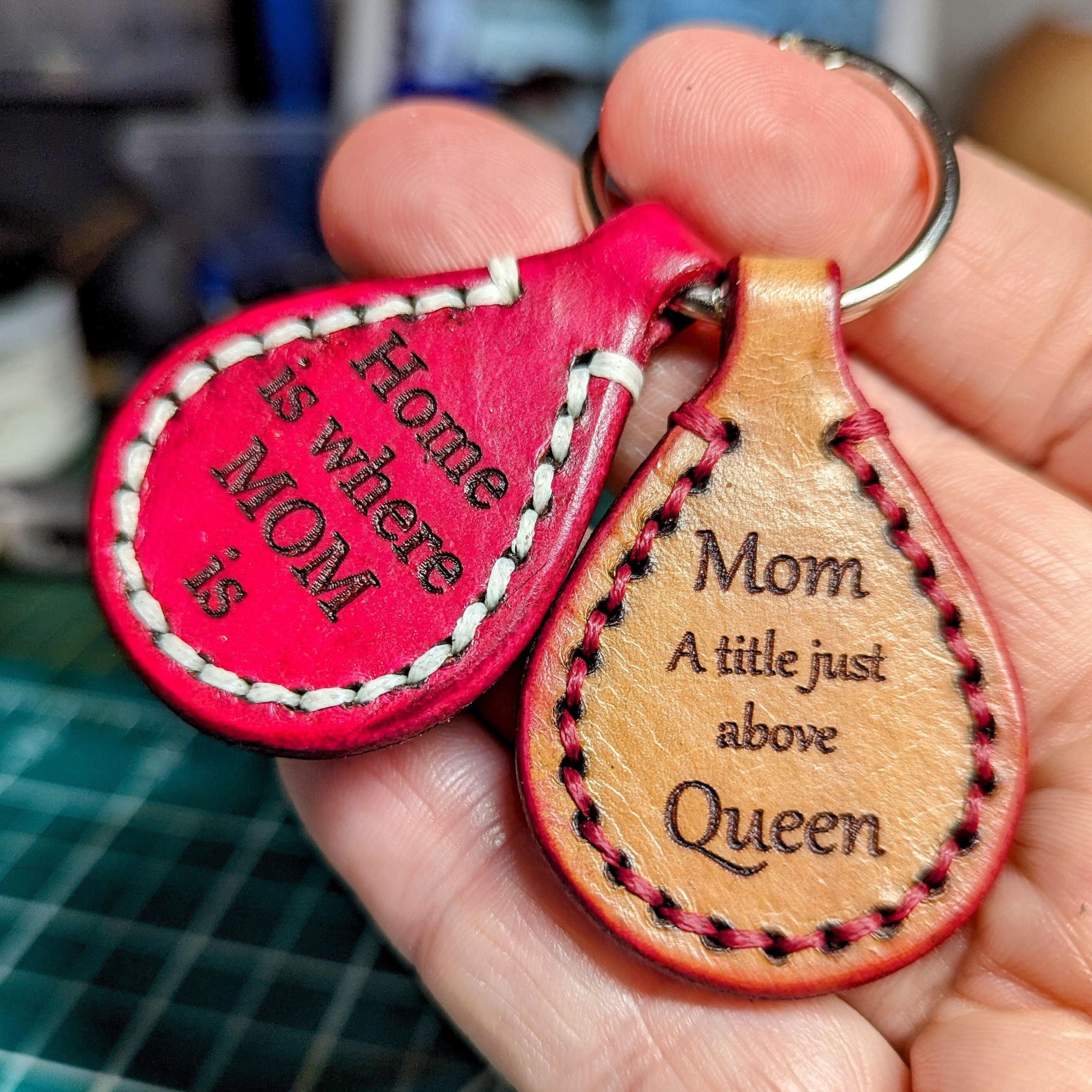 Engraved Mother's Keychain, Teardrop Shape, Real Leather, Handmade, Personalized, Thoughtful Gift for Moms, Grandmothers, Baby Shower Gift