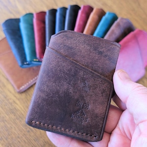 Cartera de cuero delgada con bolsillo frontal, cosida a mano, de cuero italiano Pueblo, minimalista, tarjetero, grabado personalizado gratis, regalo para papá.