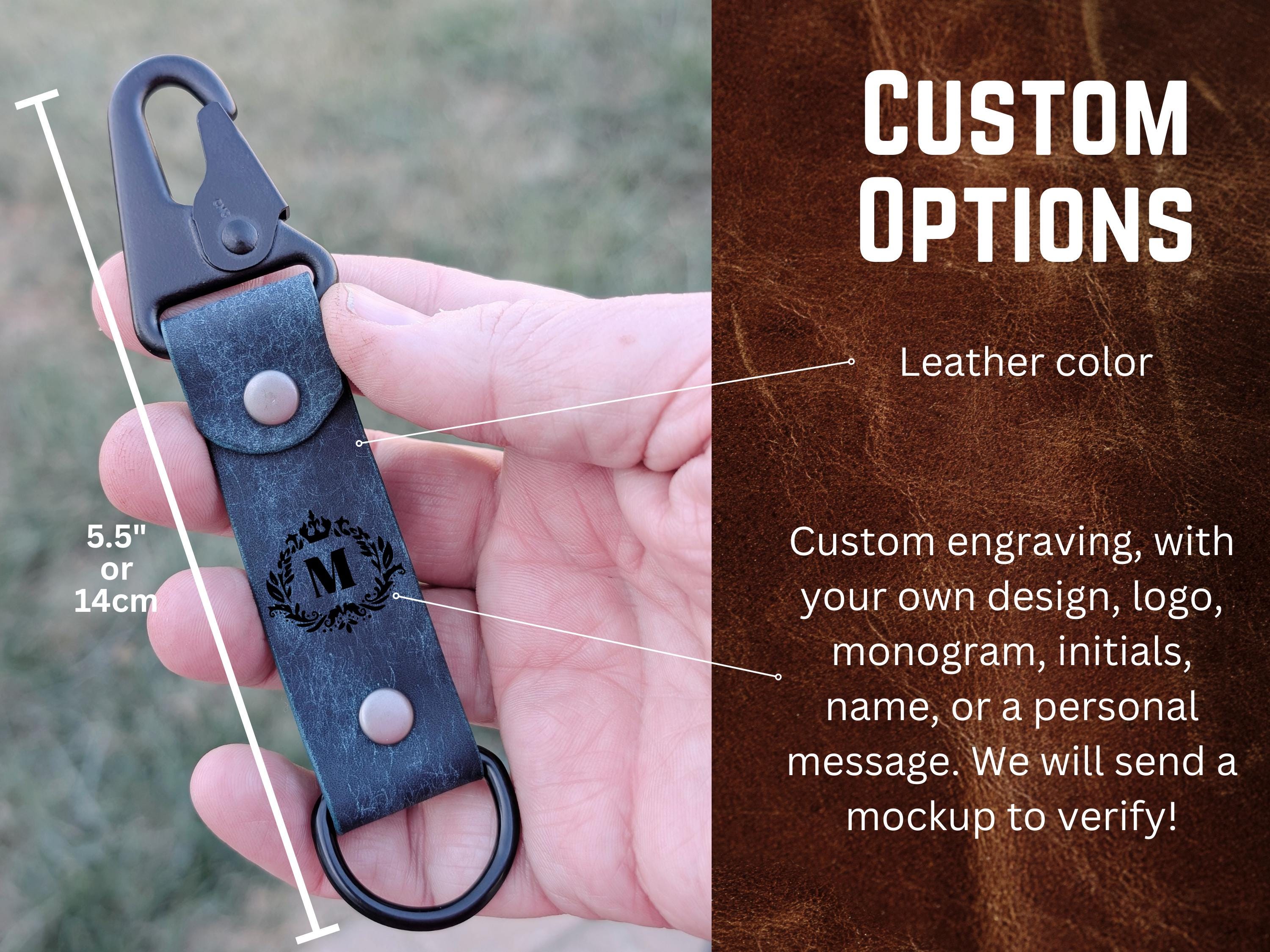 Personalized Italian Leather Keychain - Rustic Key Fob - Everyday Carry - Thumbnail 4