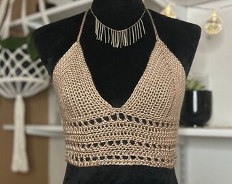 Crochet top halter 70s crop top knit deep v neck top bralette beach top summer, custom handmade