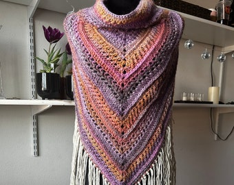 Cowl neck shawl crochet afghan shawl knit poncho with fringe, stripe cape
