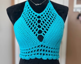 Halter top 70s crochet knit V-neck top crop top low back top tie back top coachella, custom handmade