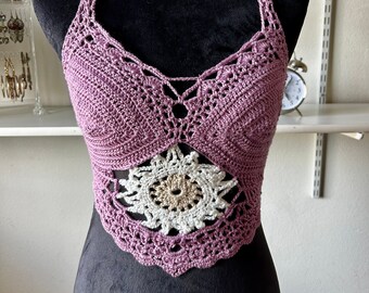 Crochet halter top crop top knit mandala low back top tie back top coachella, custom handmade