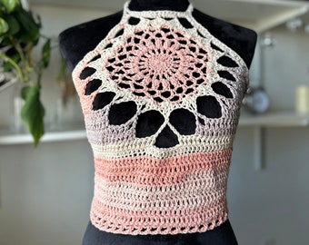 Crochet halter top 70s knit crop top stripe top mandala low back top tie back top coachella, custom handmade