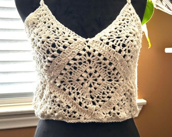 Crop top crochet V-neck top lacy top diamond pattern top sheer, custom handmade