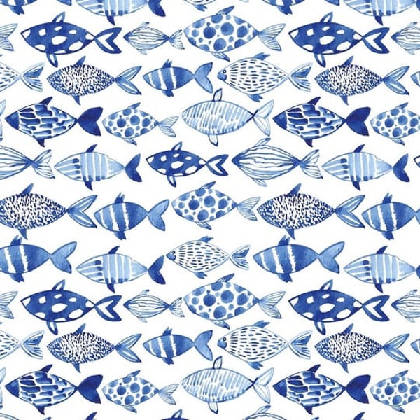 Blue White Watercolor Fishes Upholstery, Canvas Furniture , Chair, Curtain Upholstery, Water Repellent Fabric, Printed Upholstery Fabric