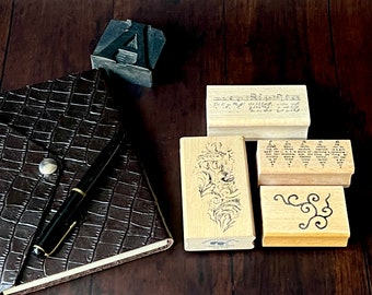 4 wooden stamps for collages, greeting cards: squiggles, acanthus, sheet music, diamonds