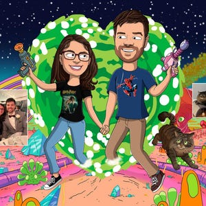 Benutzerdefinierte R und M Familienporträt, Cartoon Porträt vom Foto, Rick und Totenkopf Porträt, Freund Geschenk, individuelles Paar Valentinstag Geschenk