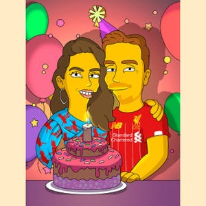 Custom portrait for Birthday, Cartoon portrait with a cake, Birthday Gift Idea, Personalized Simpsons Portrait, Couple Portrait from Photo