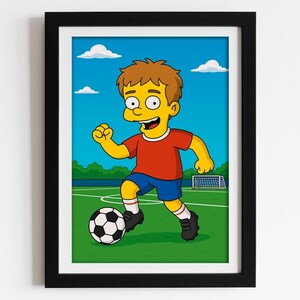 Retrato de niño estilo Los Simpson: dibujo personalizado de una foto en amarillo, regalo para niños futbolistas, dibujo personalizado para niños o jóvenes futbolistas.