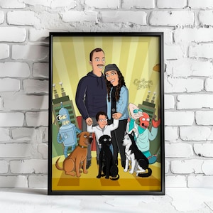 Custom Family Portrait Cartoon Style Futurama illustration Anniversary Gift Idea For Husband or Boyfriend Personalized Futurama Drawing