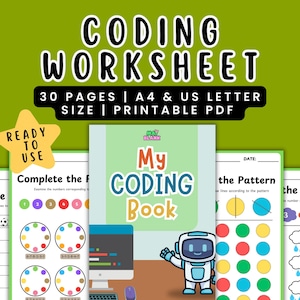 Pode incluir: Um livro de exercícios de codificação imprimível para crianças. A capa apresenta um robô azul e branco com o título "Meu Livro de Codificação". O livro inclui 30 páginas de atividades de codificação.