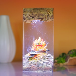 Diorama Anime Epoxy resin lamp, Calcifer Night Light, Kids gift, Desk lamp decor, Game room decor gift for him, howl&#39;s moving castle