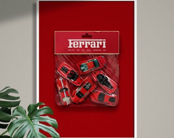 May include: A red plastic bag with the word "Ferrari" printed on it. Inside the bag are six red toy cars, including a Ferrari 250 GTO, a Ferrari F40, a Ferrari Enzo, a Ferrari LaFerrari, and a Ferrari 312 T.
