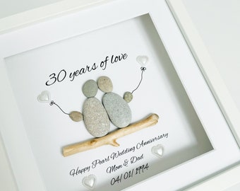 Gepersonaliseerde Pearl Wedding Anniversary Gift, 30e huwelijksverjaardag, Pebble Art Frame, Cadeau voor ouders man vrouw, huwelijkscadeau