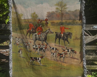 Equestrian Decor Woven Blanket Fox Hunting Scene, Horse Lover Blanket, Cozy Farmhouse Decor, Throw Blanket Couch