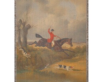 Couverture tissée décorative équestre, scène de chasse au renard, art inspiré du hareng, couverture pour amoureux des chevaux, décoration de ferme confortable, impression vintage de chasse au renard