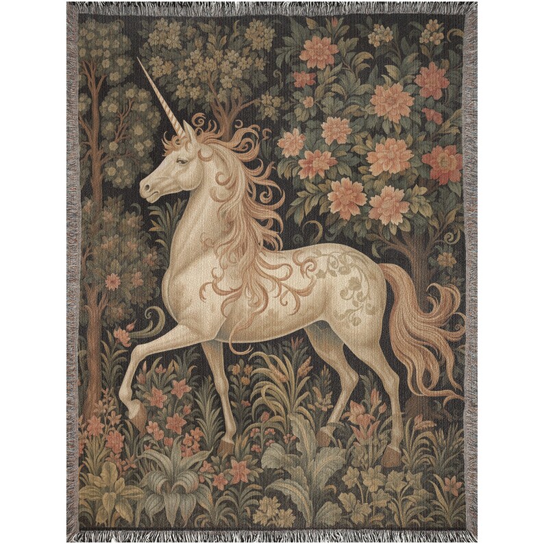 Couverture licorne Cottagecore, décoration de chambre d'enfant inspirée des contes de fées Style William Morris Cottagecore Fairycore jeté tissé tapisserie botanique image 3