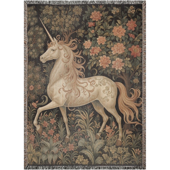 Cottagecore Unicorn Blanket, Fairytale Inspired Nursery Decor  William Morris Style Cottagecore Fairycore Woven Throw Tapestry Botanical