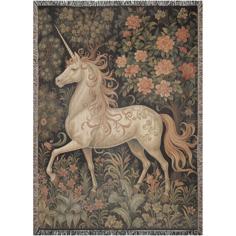 Couverture licorne Cottagecore, décoration de chambre d'enfant inspirée des contes de fées Style William Morris Cottagecore Fairycore jeté tissé tapisserie botanique image 1