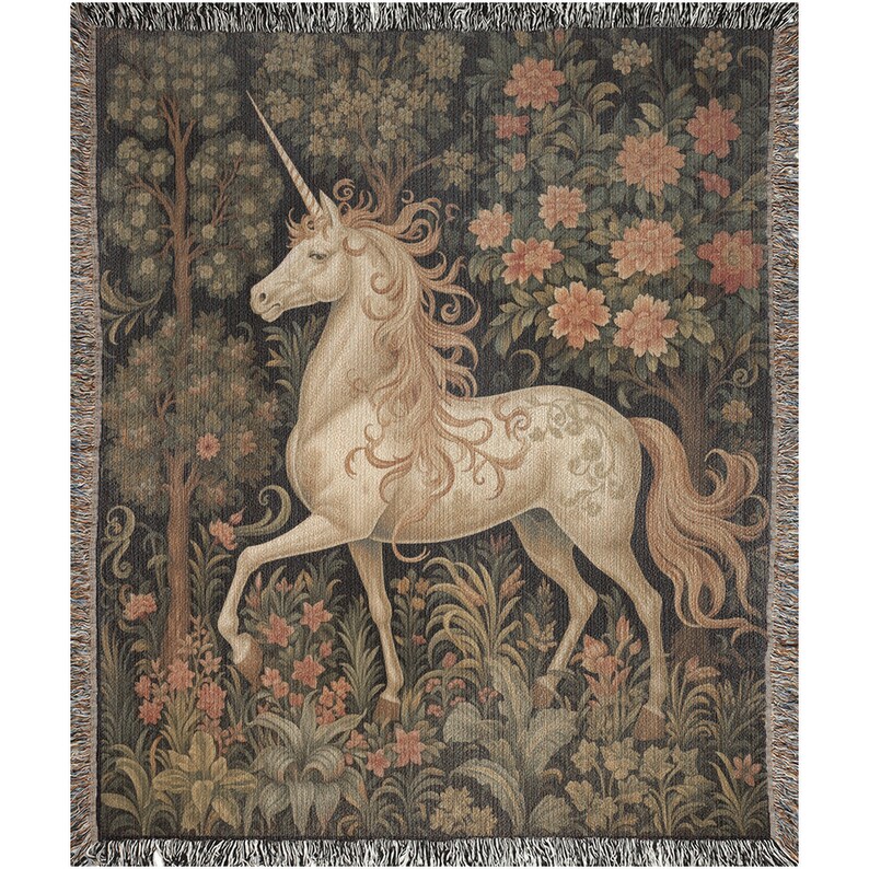 Couverture licorne Cottagecore, décoration de chambre d'enfant inspirée des contes de fées Style William Morris Cottagecore Fairycore jeté tissé tapisserie botanique image 2