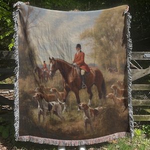 Equestrian Decor Woven Blanket Fox Hunting Scene, Horse Lover Blanket, Cozy Farmhouse Decor, Vintage Fox Hunt Print