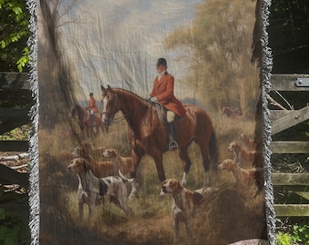 Equestrian Decor Woven Blanket Fox Hunting Scene, Horse Lover Blanket, Cozy Farmhouse Decor, Vintage Fox Hunt Print