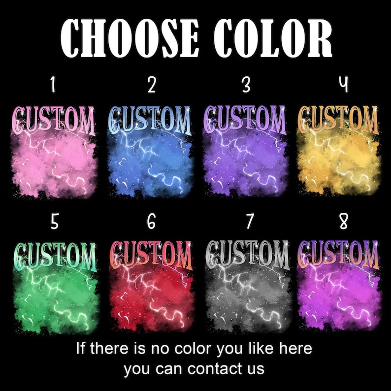 Pu&ograve; includere: Grafica con il testo "CHOOSE COLOR" in alto. Sotto, otto opzioni di colore, ognuna con la parola "CUSTOM" e un design a fulmine. I colori includono rosa, blu, viola, giallo, verde, rosso, grigio e magenta. Il testo "If there is no color you like here you can contact us" &egrave; in basso.