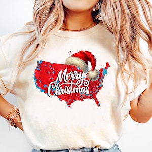 Trump Election Map Shirt, Merry Christmas Tee, Holiday Santa Hat Top, Xmas Trump Supporter Gift, Festive Patriotic Christmas Shirt