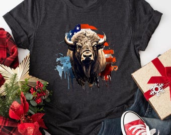 Vintage Buffalo American Flag T-Shirt, Patriotic Western Style Tee, Rustic Buffalo Shirt for USA Pride, Retro American Flag Buffalo Gift