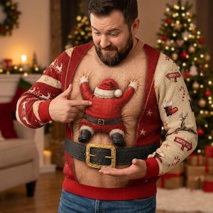 Hårig bröst ful jul ful tröja, rolig pappa semester t-shirt, julfest