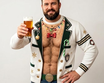 Ugly Christmas Ugly Sweater Funny Hairy Chest Santa, Gag Gift for Men, Holiday Party Sweatshirt