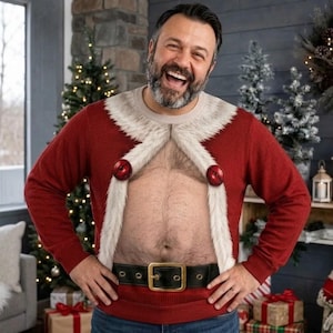 Rolig hårig brösttomte ful jultröja, rolig julklapp till honom, jultröja