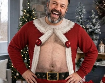 Funny Hairy Chest Santa Ugly Christmas Ugly Sweater, Hilarious Xmas Gift for Him, Holiday Jumper