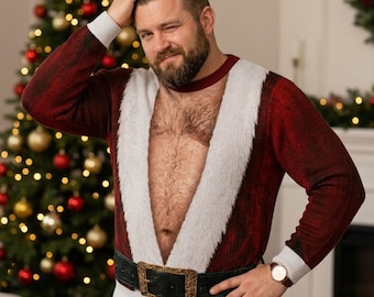 Hairy Chest Santa Ugly Xmas Shirt, Funny Secret Santa Gift, Holiday Party Tee