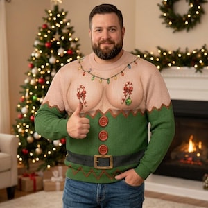 Peut inclure: Un pull en tricot à manches longues avec une partie supérieure beige ornée d'une guirlande lumineuse et de cannes en sucre, et une partie inférieure verte avec trois boutons rouges et une ceinture noire à boucle dorée.