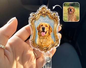 Personalized Pet Portrait Badge Reel, Cute Dog Cat Photo Badge Reel, Nurse Badge Reel, Retractable Badge Holder, Pet Lover Gift