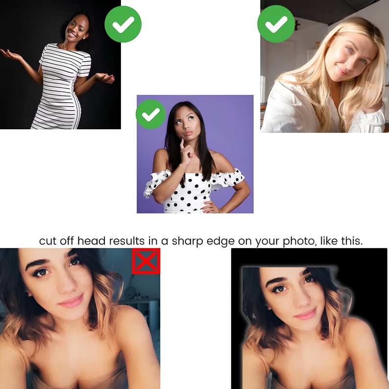May include: A collage of images showing examples of good and bad cropping for photos. The top left image shows a woman wearing a striped dress with a checkmark next to it. The top right image shows a woman with long blonde hair wearing a white shirt with a checkmark next to it. The middle image shows a woman wearing a white and black polka dot dress with a checkmark next to it. The bottom two images show a woman wearing a strapless top with a red X over the image on the left and a checkmark next to the image on the right.