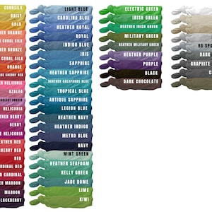 May include: A color chart of fabric swatches with names for each color. The colors range from light to dark and include shades of blue, green, red, orange, purple, brown, gray, and white.