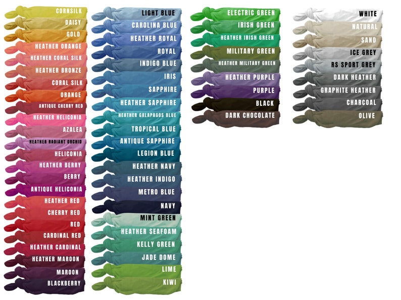 May include: A color chart of fabric swatches with names for each color. The colors range from light to dark and include shades of blue, green, red, orange, purple, brown, gray, and white.