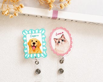 Personalized Pet Photo ID Holder, Vintage Frame Dog Cat Badge Reel, Nurse Gift, Pet Lover Gift