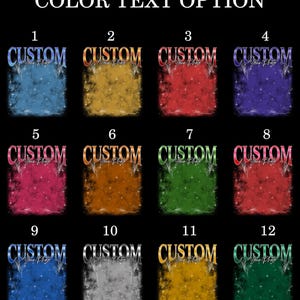 May include: Twelve different color options for a customizable design. Each option features a different color background with a white "CUSTOM" text overlay.