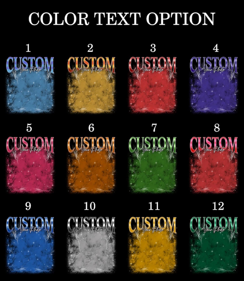 May include: Twelve different color options for a customizable design. Each option features a different color background with a white "CUSTOM" text overlay.