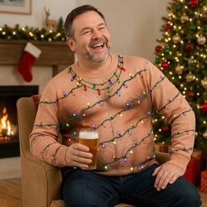 Rolig jultomte med hårig bröst, ful tröja, ful tröja, festoutfit, vit elefantgåva