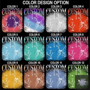 May include: Twelve different color options for a custom design featuring a lightning bolt graphic. The text "CUSTOM" is displayed in a bold, metallic font.