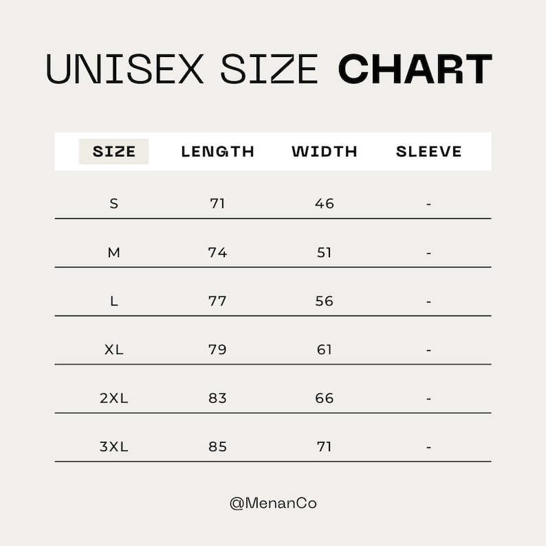 May include: Unisex size chart with columns for size, length in inches, width in inches, and sleeve. Sizes include S, M, L, XL, 2XL, and 3XL. The chart shows measurements in inches.