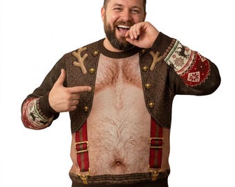 Funny Hairy Chest Ugly Christmas Ugly Sweater, Reindeer Vest Xmas Party Shirt