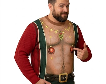 Funny Santa Hairy Chest T-Shirt, Ugly Christmas Party Outfit, Xmas Gag Gift