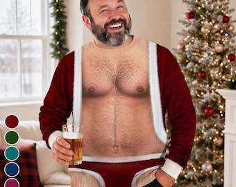 Ugly Christmas Ugly Sweater Funny Hairy Chest Santa, Gag Gift for Men, Holiday Party Sweatshirt, Secret Santa Present